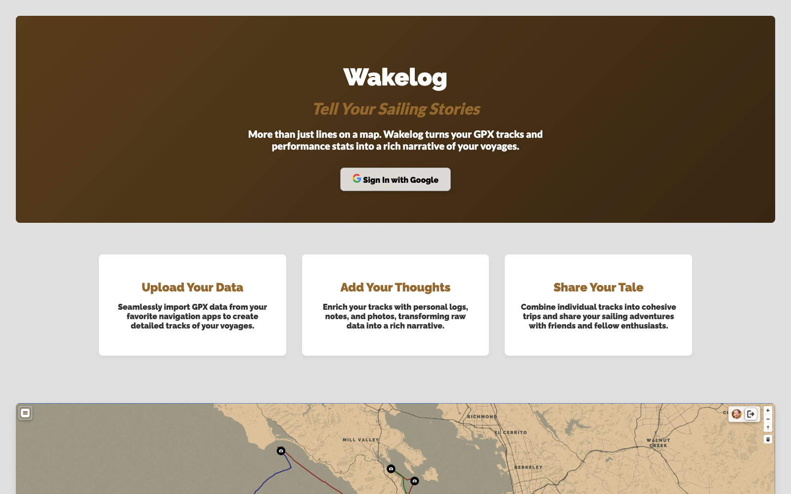 Wakelog login screen showing the logo, tagline, and Login with Google button over the map