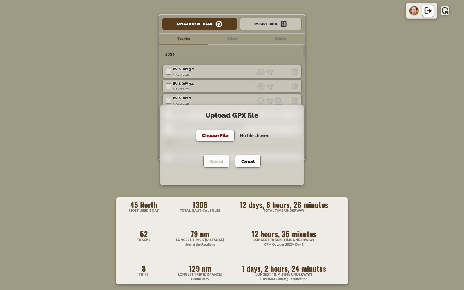 Upload GPX file modal with Choose File button and the Tracks list visible behind it