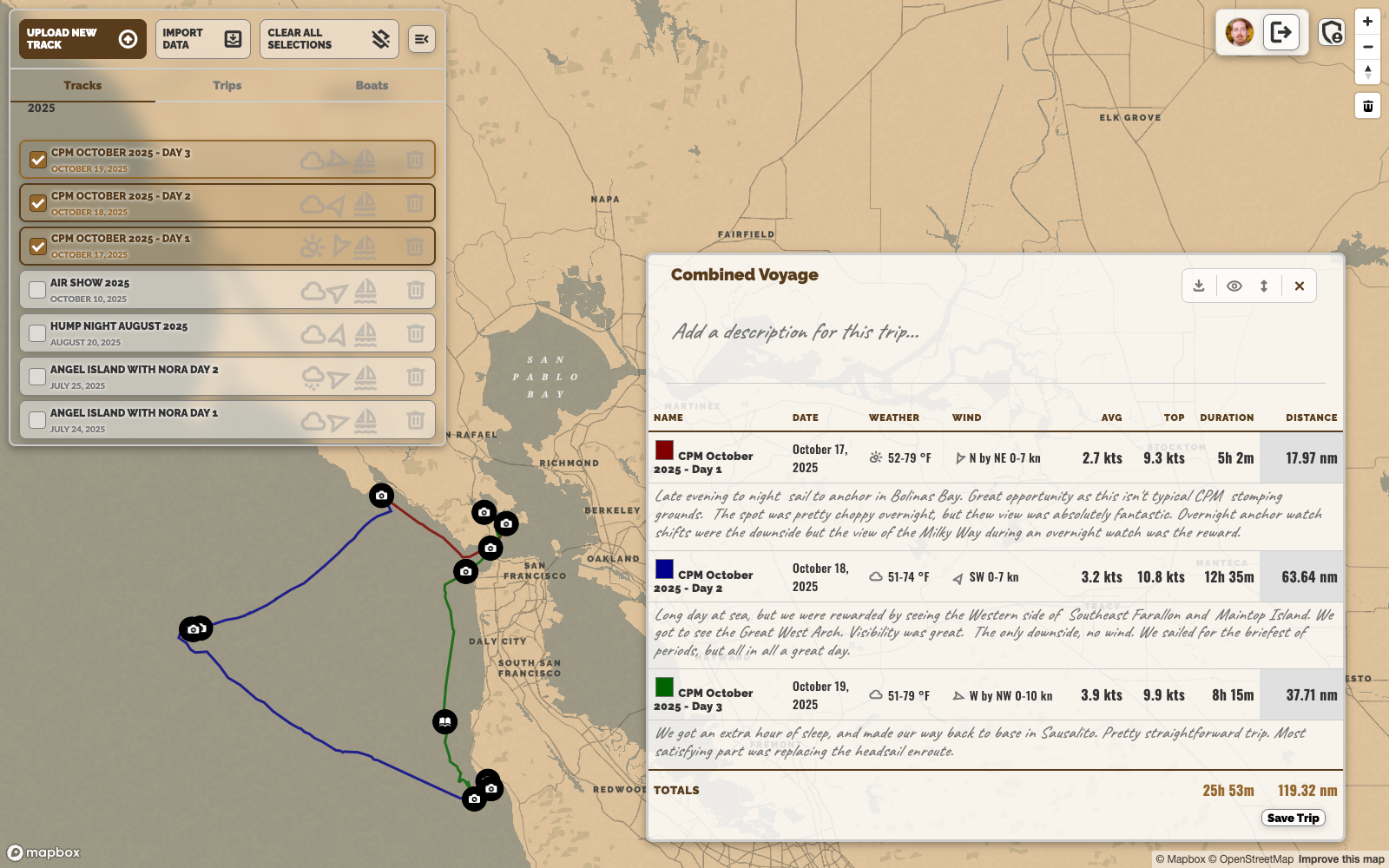 Mapbox globe with multiple coloured track lines and a trip stats table open on the right