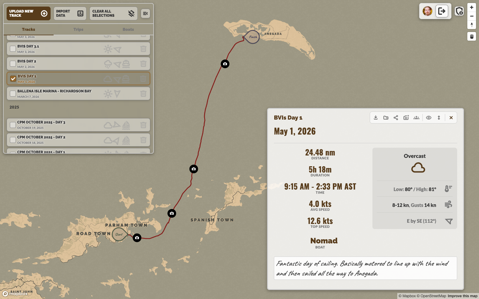 Track detail panel showing journey stats, weather data, boat info, and description alongside the route on the map