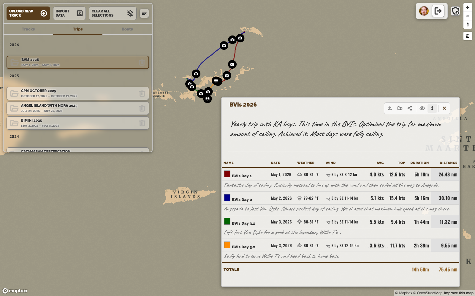 Trip view showing multiple track lines on the map and the trip stats table with date, weather, wind, speed, and distance columns