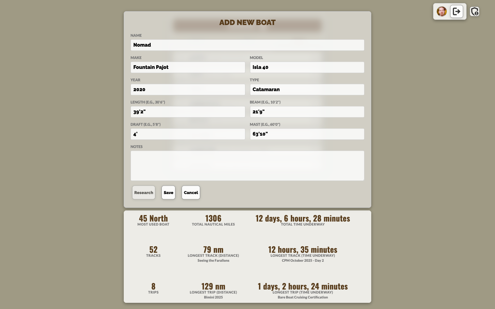 Add New Boat form with name, make, model, dimensions, and Research button