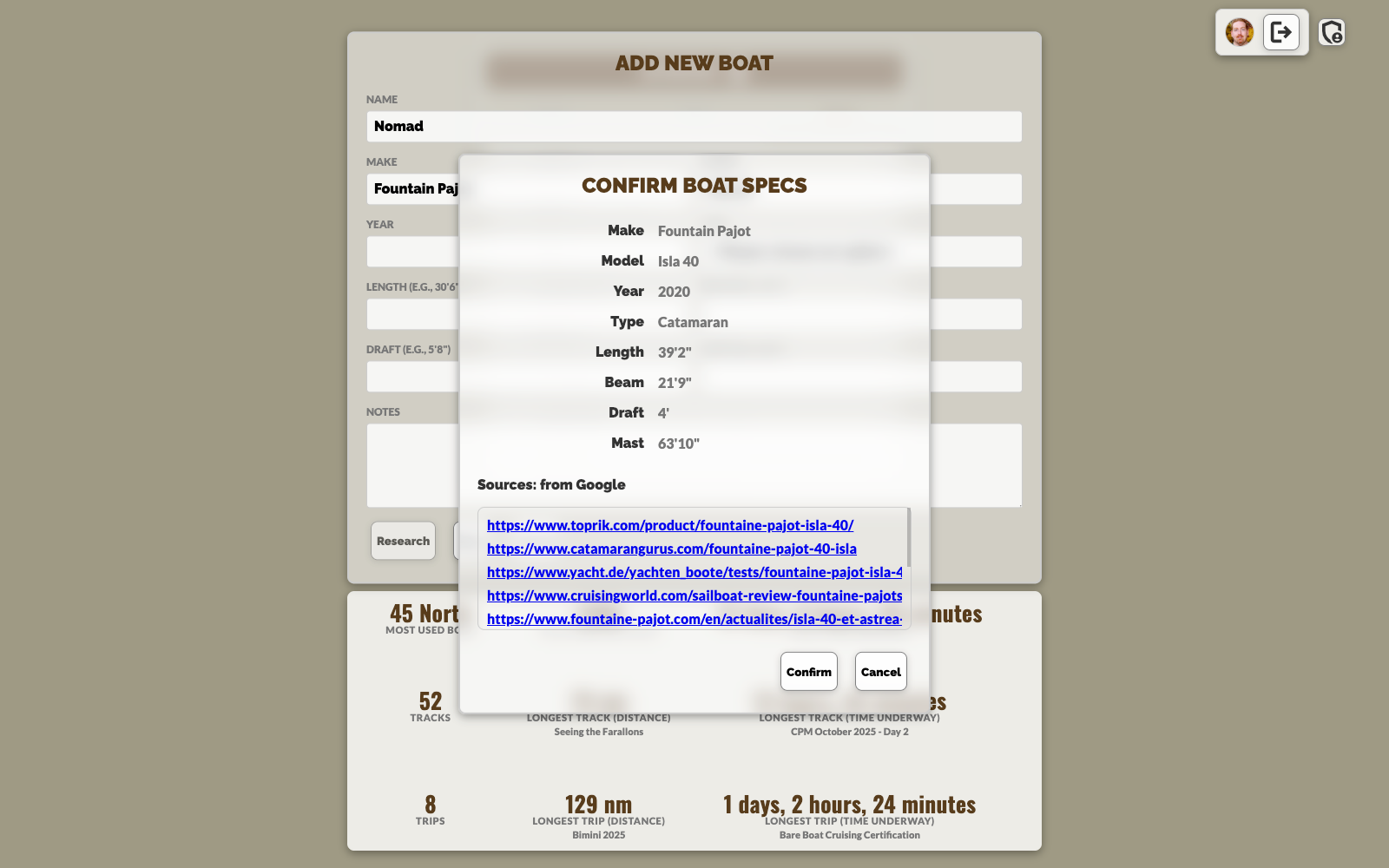 Confirm Boat Specs dialog showing AI-suggested specifications with source links