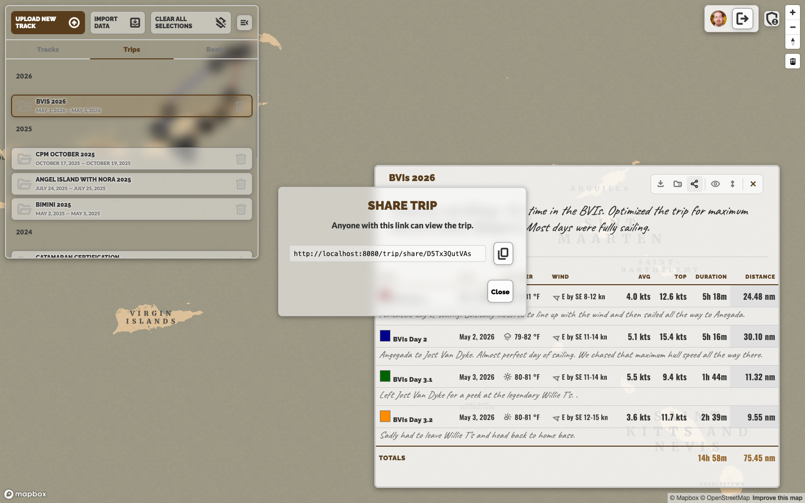 Share Track modal showing the generated public link with a Copy button