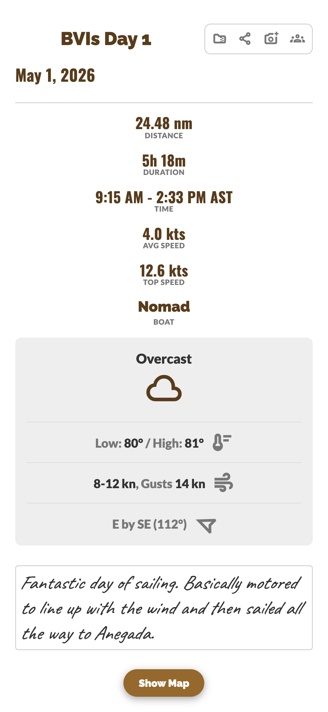 Mobile track detail overlay showing stats, weather data, boat name, and description with Show Map button
