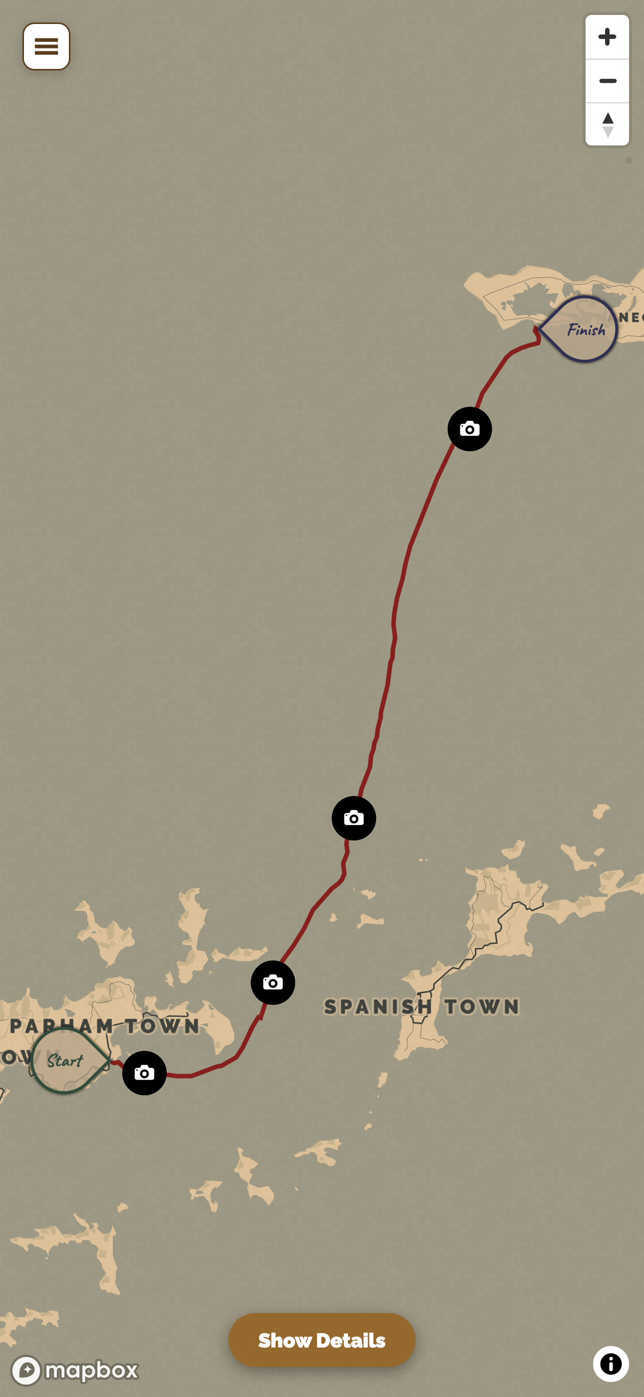 Mobile map view showing a track line with photo markers and the Show Details button at the bottom